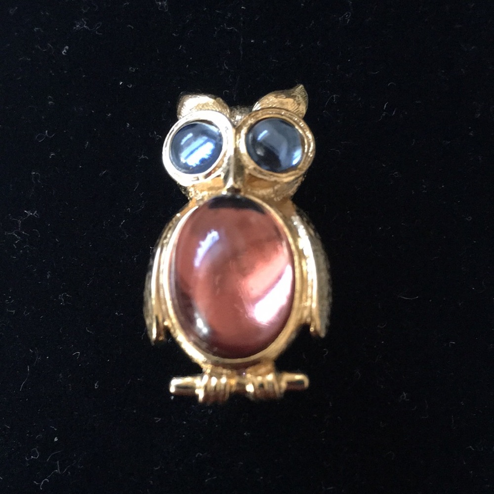 VINTAGE Costume Blue & Amber colored Jelly Belly Owl Brooch / Pin